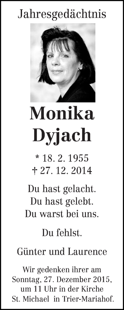  Traueranzeige für Monika Dyjach vom 24.12.2015 aus trierischer_volksfreund