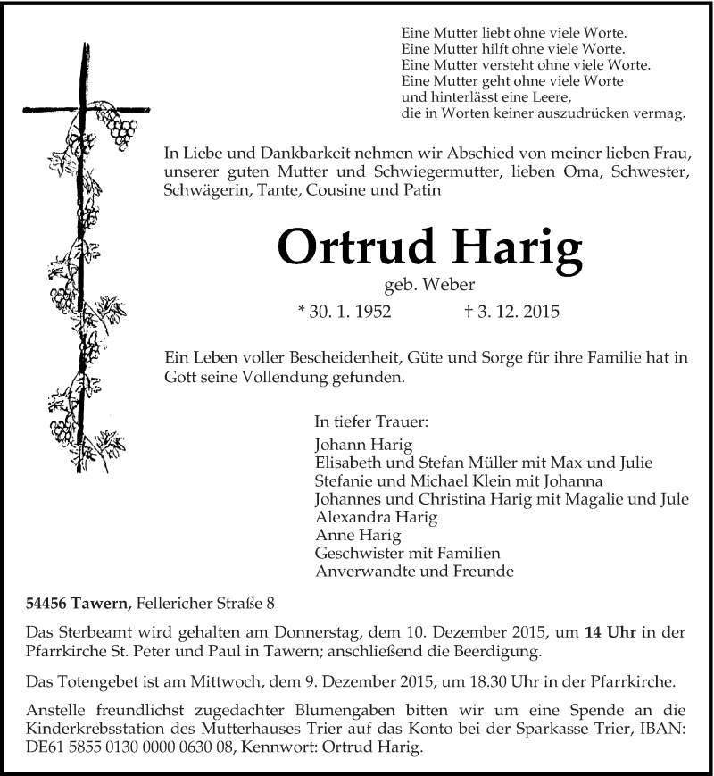  Traueranzeige für Ortrud Harig vom 08.12.2015 aus trierischer_volksfreund