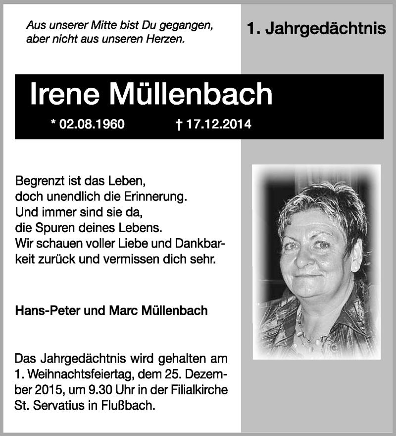  Traueranzeige für Irene Müllenbach vom 19.12.2015 aus trierischer_volksfreund