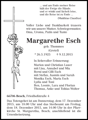 Traueranzeige von Margarethe Esch von trierischer_volksfreund