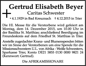 Traueranzeige von Gertrud Elisabeth Beyer von trierischer_volksfreund
