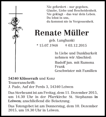 Traueranzeige von Renate Müller von trierischer_volksfreund