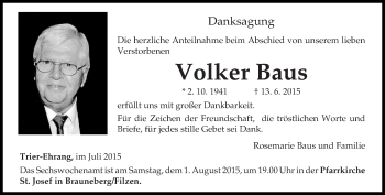 Traueranzeige von Volker Baus von trierischer_volksfreund