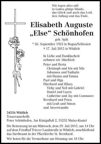 Traueranzeige von Elisabeth Auguste Schönhofen von trierischer_volksfreund