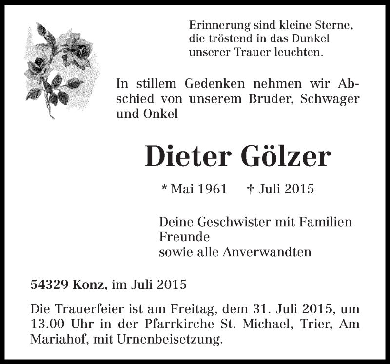  Traueranzeige für Dieter Gölzer vom 29.07.2015 aus trierischer_volksfreund