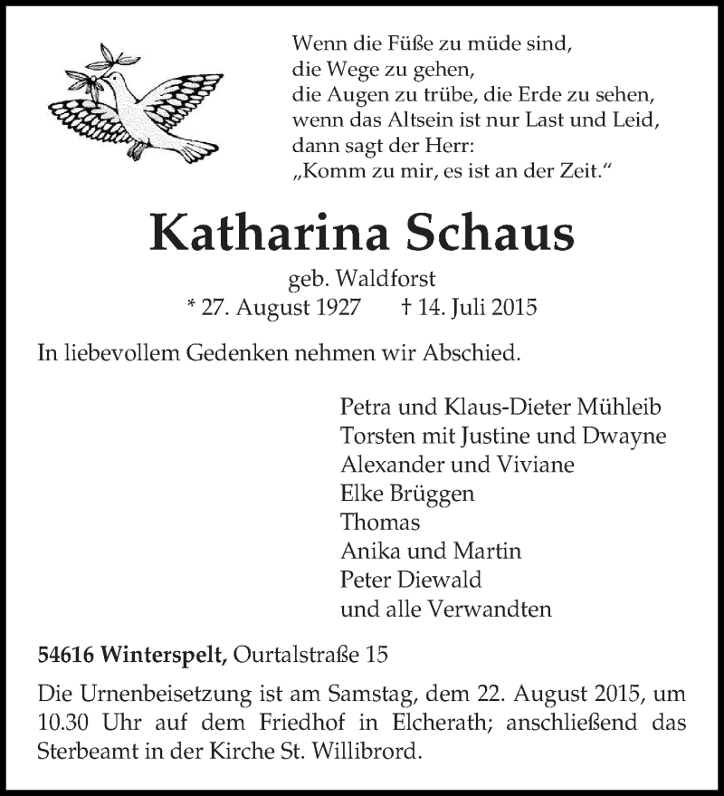  Traueranzeige für Katharina Schaus vom 18.07.2015 aus trierischer_volksfreund