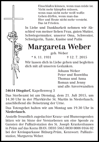 Traueranzeige von Margareta Weber von trierischer_volksfreund