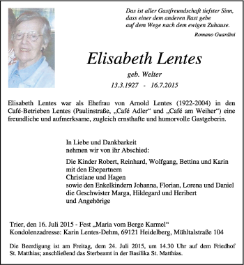 Traueranzeige von Elisabeth Lentes von trierischer_volksfreund