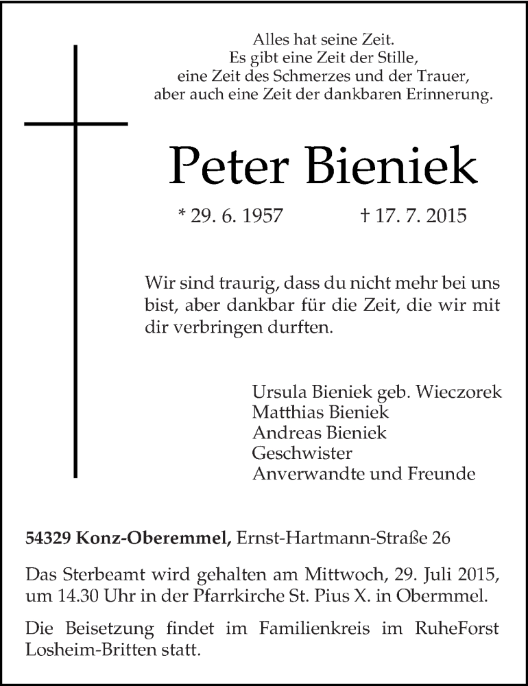  Traueranzeige für Peter Bieniek vom 24.07.2015 aus trierischer_volksfreund
