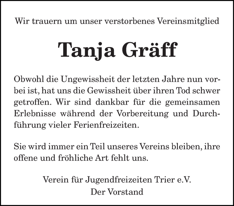  Traueranzeige für Tanja Gräff vom 18.07.2015 aus trierischer_volksfreund
