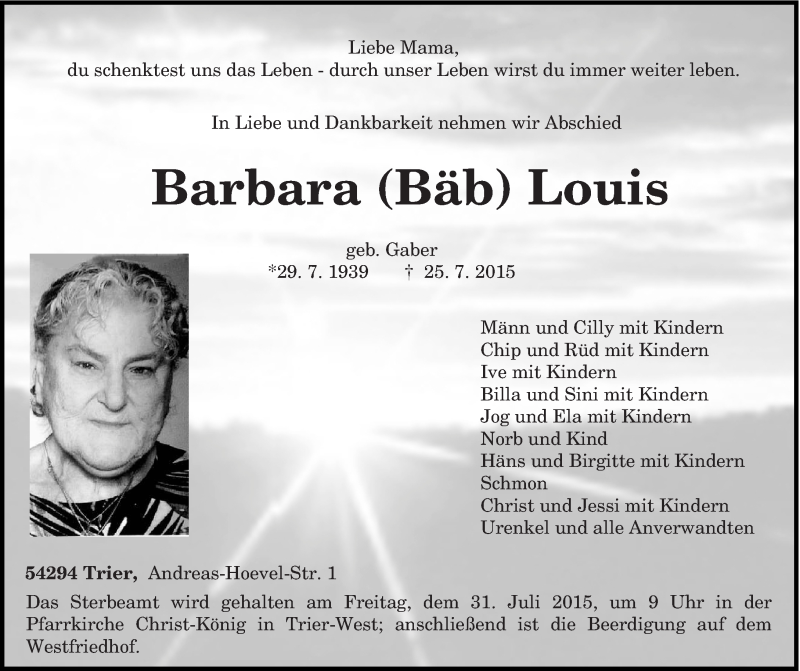  Traueranzeige für Barbara Louis vom 29.07.2015 aus trierischer_volksfreund