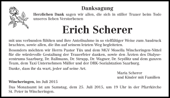 Traueranzeige von Erich Scherer von trierischer_volksfreund