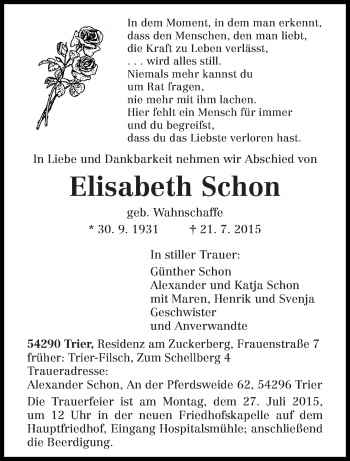 Traueranzeige von Elisabeth Schon von trierischer_volksfreund