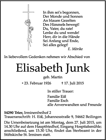 Traueranzeige von Elisabeth Junk von trierischer_volksfreund