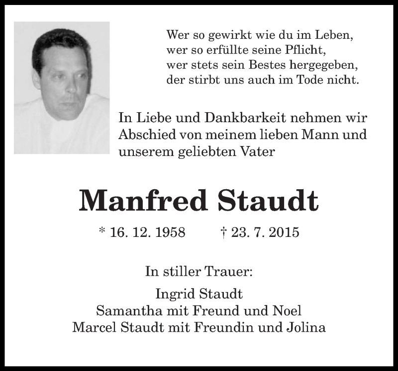  Traueranzeige für Manfred Staudt vom 29.07.2015 aus trierischer_volksfreund