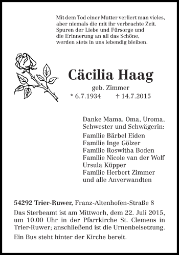 Traueranzeige von Cäcilia Haag von trierischer_volksfreund