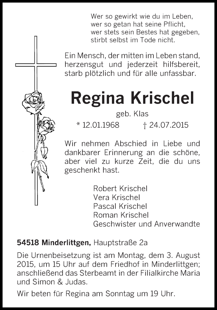  Traueranzeige für Regina Krischel vom 29.07.2015 aus trierischer_volksfreund