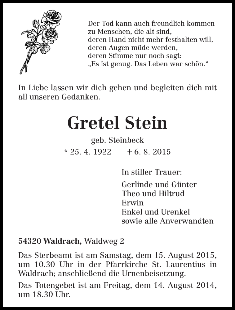  Traueranzeige für Gretel Stein vom 12.08.2015 aus trierischer_volksfreund