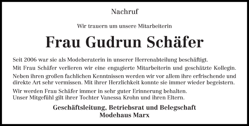 Traueranzeige für Gudrun Schäfer vom 25.08.2015 aus trierischer_volksfreund