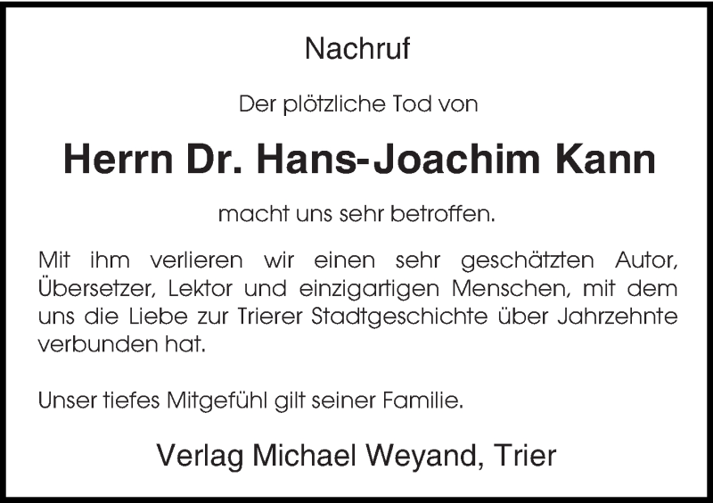  Traueranzeige für Hans-Joachim Kann vom 25.08.2015 aus trierischer_volksfreund