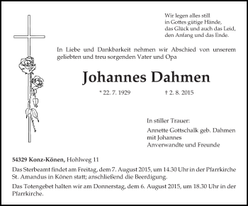 Traueranzeige von Johannes Dahmen von trierischer_volksfreund