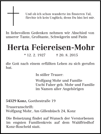 Traueranzeige von Herta Feiereisen-Mohr von trierischer_volksfreund