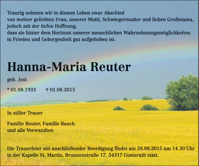  Traueranzeige für Hanna-Maria Reuter vom 22.08.2015 aus trierischer_volksfreund