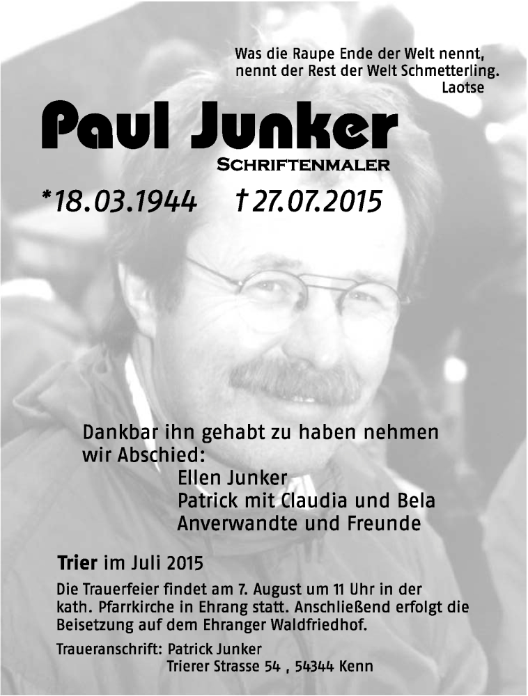  Traueranzeige für Paul Junker vom 01.08.2015 aus trierischer_volksfreund