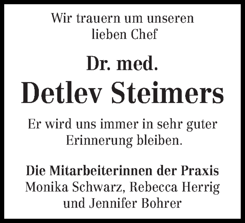  Traueranzeige für Detlev Steimers vom 05.08.2015 aus trierischer_volksfreund