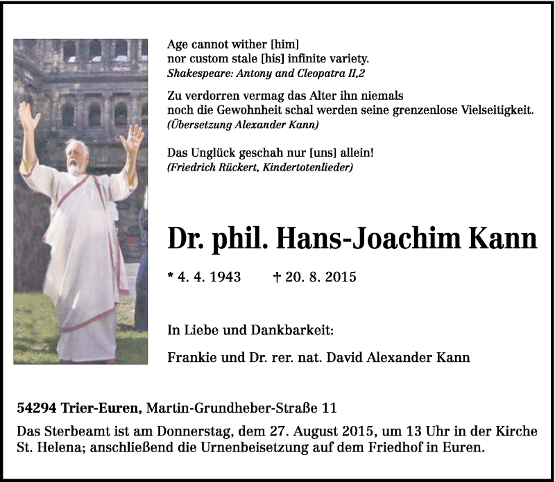  Traueranzeige für Hans-Joachim Kann vom 24.08.2015 aus trierischer_volksfreund