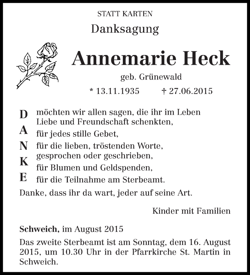 Traueranzeige für Annemarie Heck vom 08.08.2015 aus trierischer_volksfreund