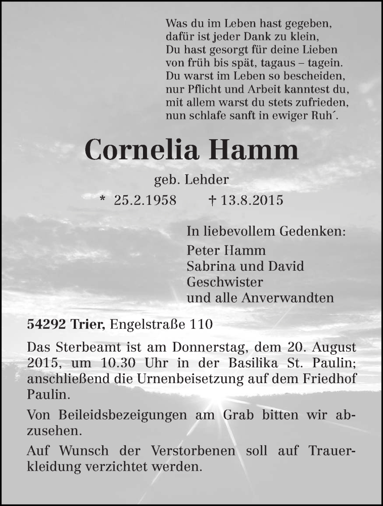  Traueranzeige für Cornelia Hamm vom 18.08.2015 aus trierischer_volksfreund