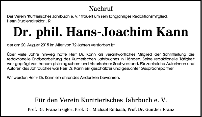  Traueranzeige für Hans-Joachim Kann vom 27.08.2015 aus trierischer_volksfreund