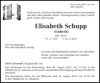 Traueranzeige von Elisabeth  Schupp von trierischer_volksfreund