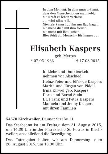 Traueranzeige von Elisabeth Kaspers von trierischer_volksfreund