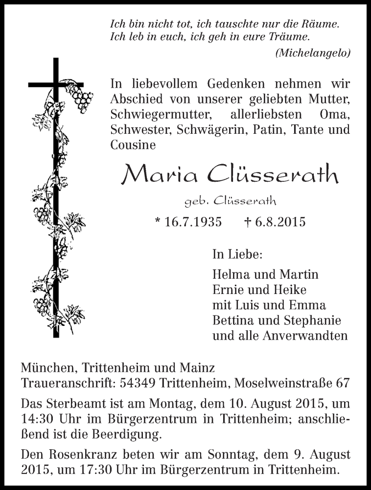  Traueranzeige für Maria Clüsserath vom 08.08.2015 aus trierischer_volksfreund
