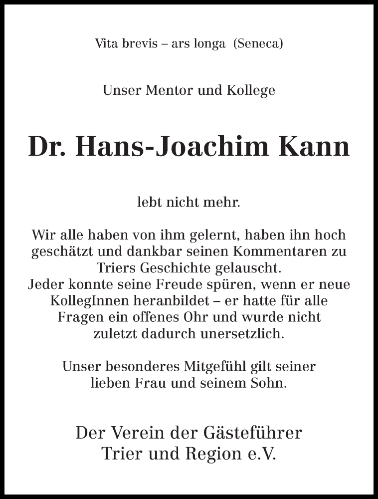  Traueranzeige für Hans-Joachim Kann vom 27.08.2015 aus trierischer_volksfreund