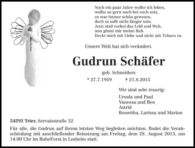 Traueranzeige für Gudrun Schäfer vom 25.08.2015 aus trierischer_volksfreund
