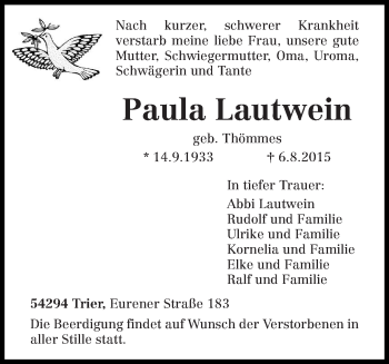 Traueranzeige von Paula Lautwein von trierischer_volksfreund