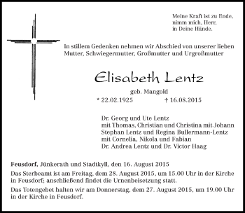 Traueranzeige von Elisabeth Lentz von trierischer_volksfreund