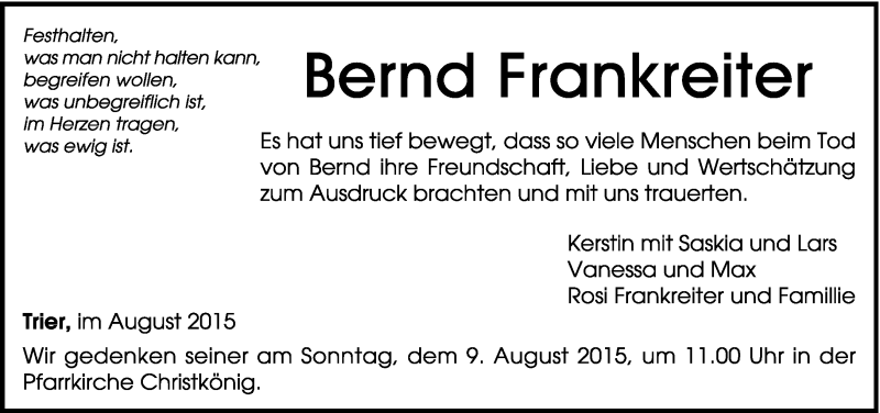  Traueranzeige für Bernd Frankreiter vom 01.08.2015 aus trierischer_volksfreund