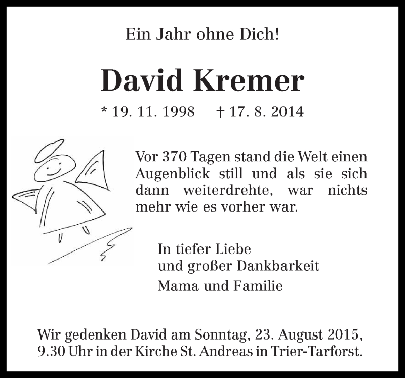  Traueranzeige für David Kremer vom 22.08.2015 aus trierischer_volksfreund
