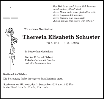 Traueranzeige von Theresia Elisabeth Schuster von trierischer_volksfreund