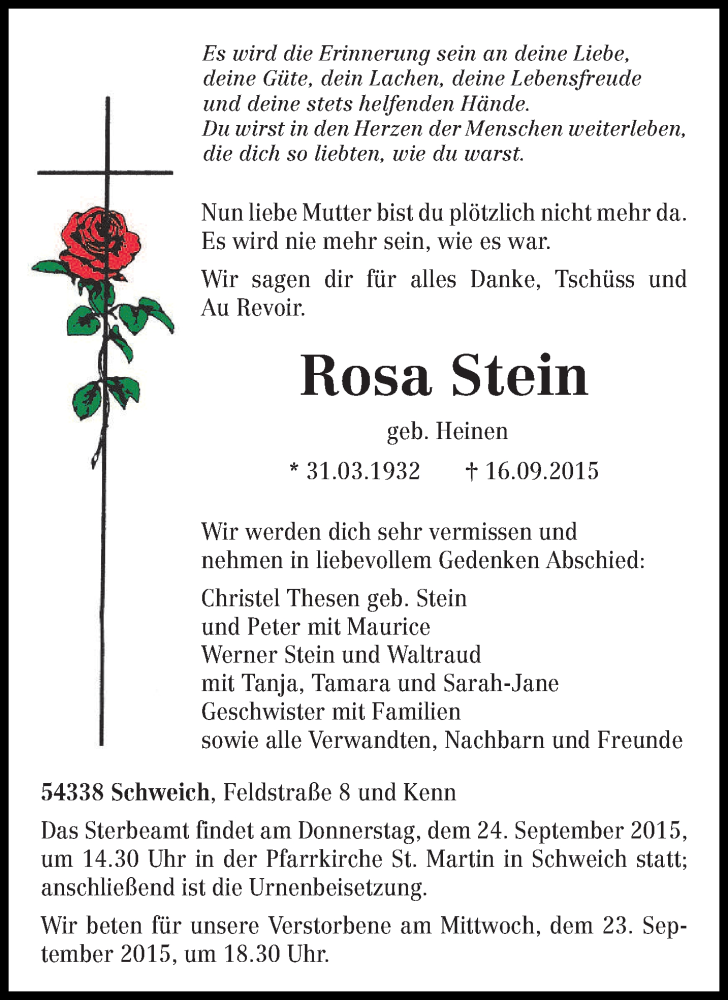  Traueranzeige für Rosa Stein vom 21.09.2015 aus trierischer_volksfreund