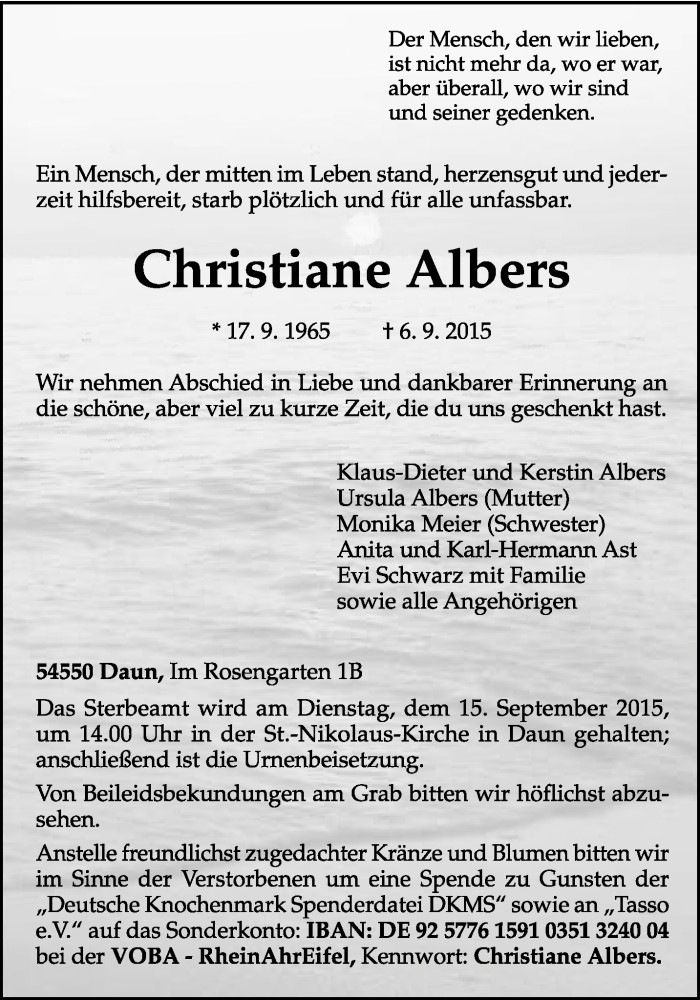  Traueranzeige für Christiane Albers vom 12.09.2015 aus trierischer_volksfreund