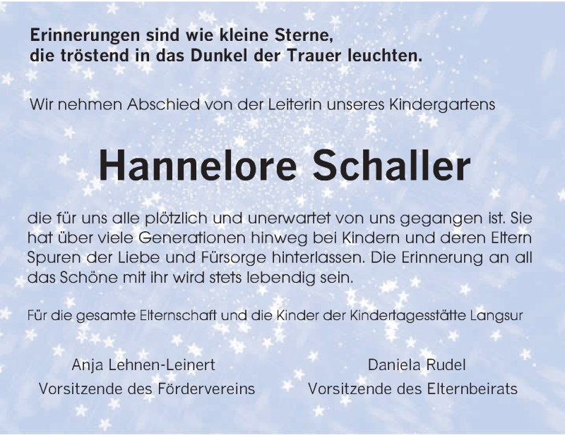  Traueranzeige für Hannelore Schaller vom 08.09.2015 aus trierischer_volksfreund