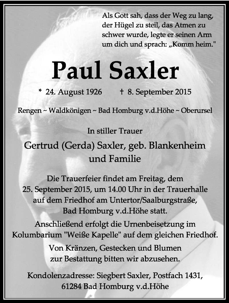  Traueranzeige für Paul Saxler vom 19.09.2015 aus trierischer_volksfreund