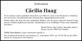 Traueranzeige von Cäcilia Haag von trierischer_volksfreund