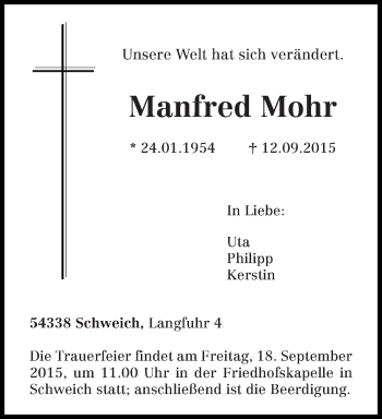 Traueranzeige von Manfred Mohr von trierischer_volksfreund