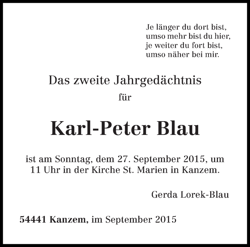  Traueranzeige für Karl-Peter Blau vom 19.09.2015 aus trierischer_volksfreund